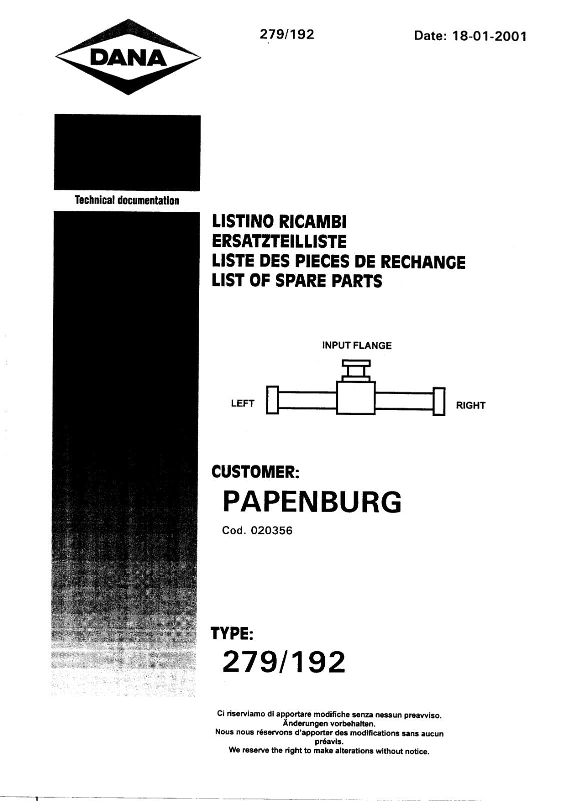 Dana Spicer 279/192 Steering Axle Parts Catalog for Takeuchi TBO70W Wheeled Excavator – cover