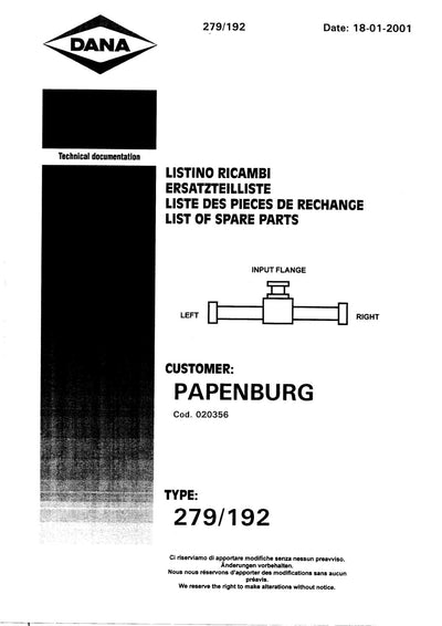 Dana Spicer 279/192 Steering Axle Parts Catalog for Takeuchi TBO70W Wheeled Excavator – cover