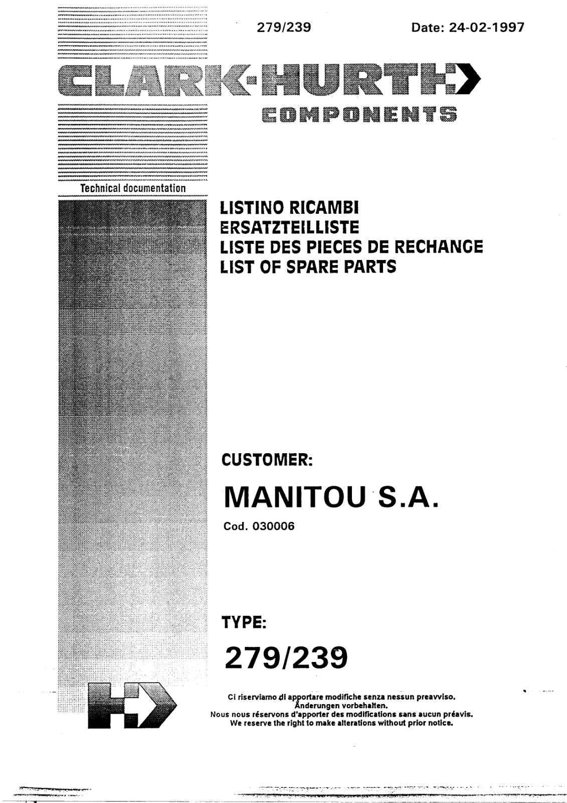 Dana Spicer 279/239 Steering Axle Parts Catalog for Manitou (Manitou 219470) – cover