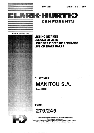 Dana Spicer 279/249 Steering Axle Parts Catalog for Manitou MT 728-2 Telehandler (Manitou 217712) – cover