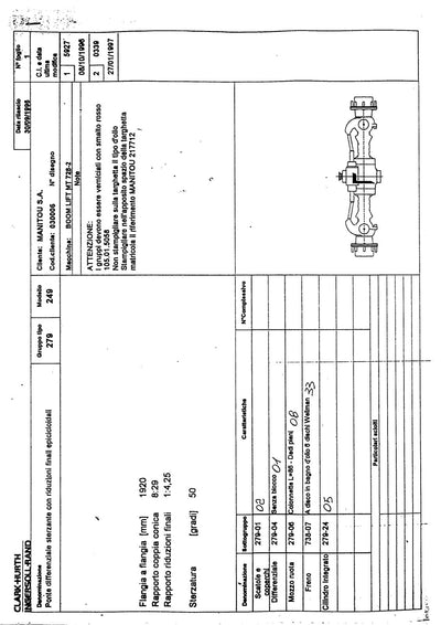 Dana Spicer 279/249 Steering Axle Parts Catalog for Manitou MT 728-2 Telehandler (Manitou 217712) – sample page 1