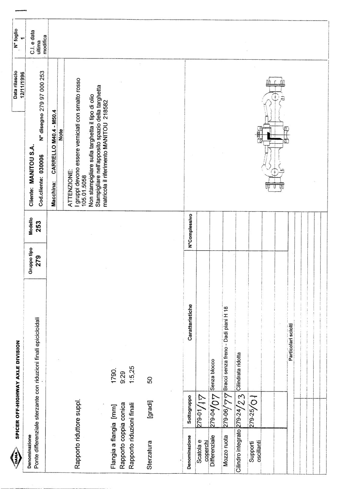 Dana Spicer 279/253 Steering Axle Parts Catalog for Manitou M40.4 - M50.4 Forklift – sample page 1