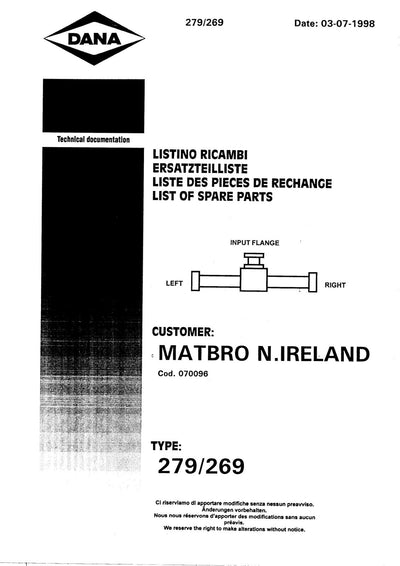 Dana Spicer 279/269 Steering Axle Parts Catalog for Matbro – cover
