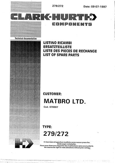 Dana Spicer 279/272 Steering Axle Parts Catalog for Matbro TS 270 Telehandler – cover