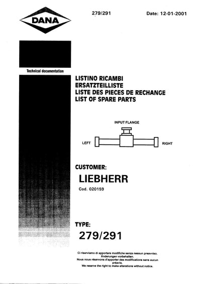 Dana Spicer 279/291 Steering Axle Parts Catalog for Liebherr A 308 Wheeled Excavator – cover