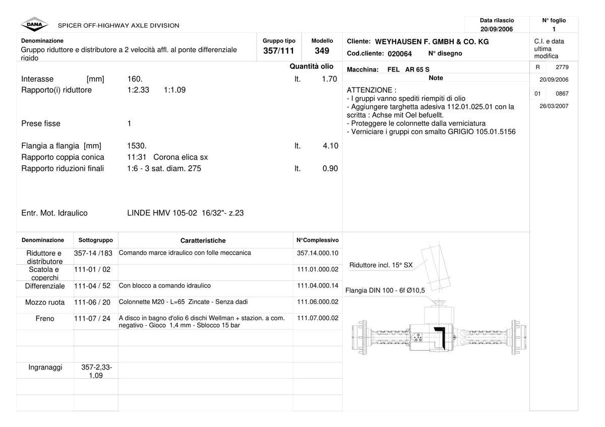 Dana Spicer 357/111/349 Rigid Axle with Drop Box Parts Catalog for Atlas AR 65 S Wheel Loader – sample page 1