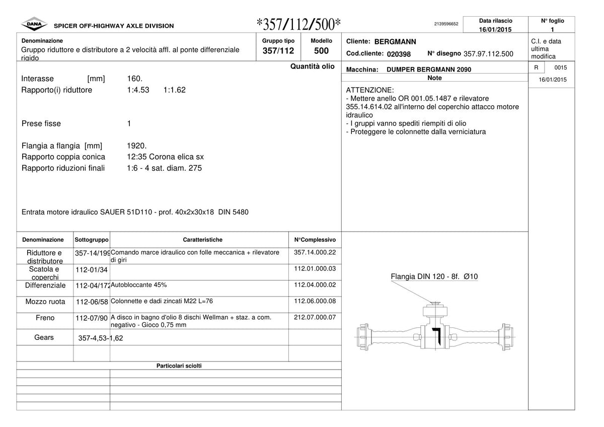 Dana Spicer 357/112/500 Rigid Axle with Drop Box Parts Catalog for Bergmann 2090 Dumper – sample page 1