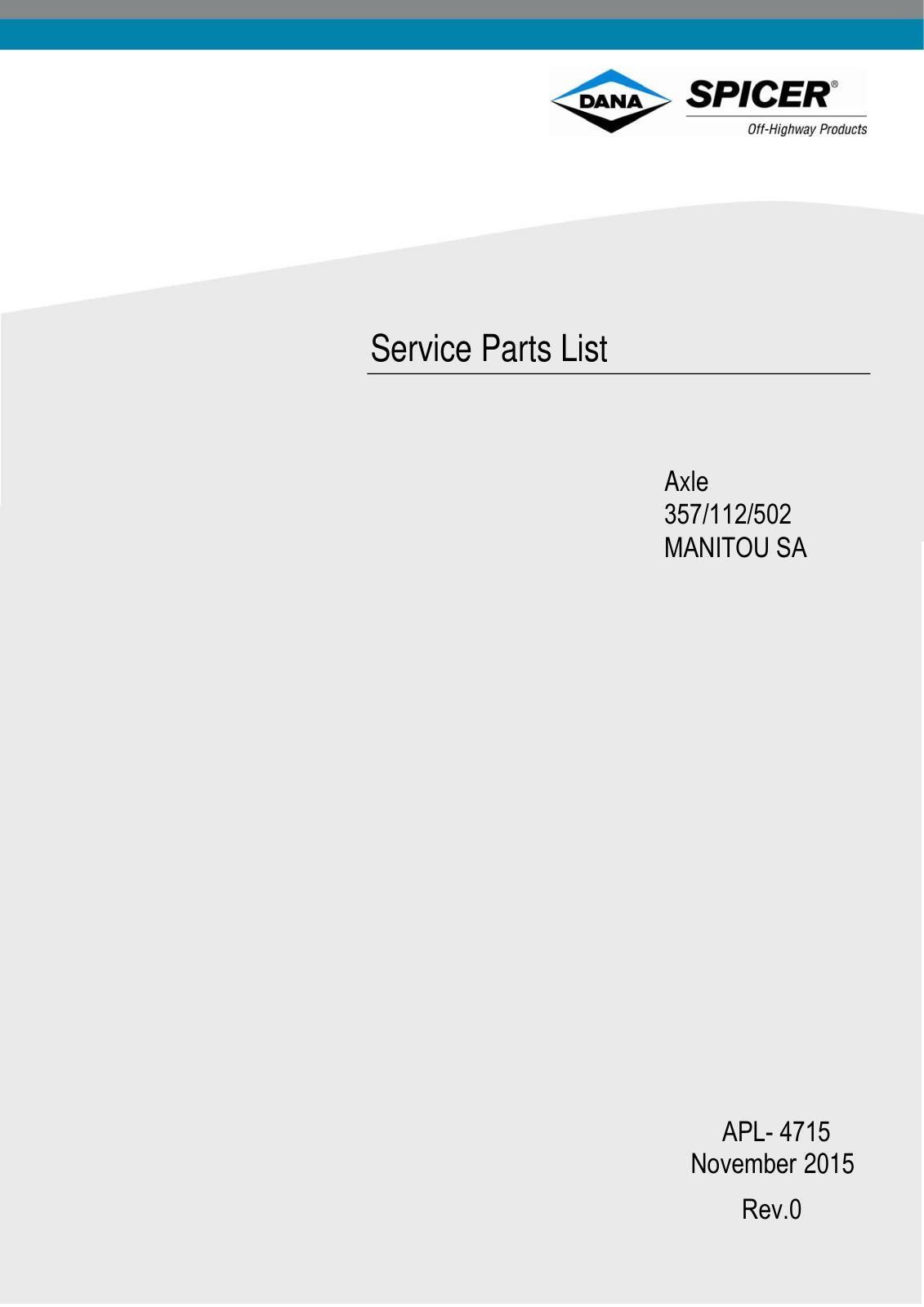 Dana Spicer 357/112/502 Rigid Axle with Drop Box Parts Catalog for Manitou – cover