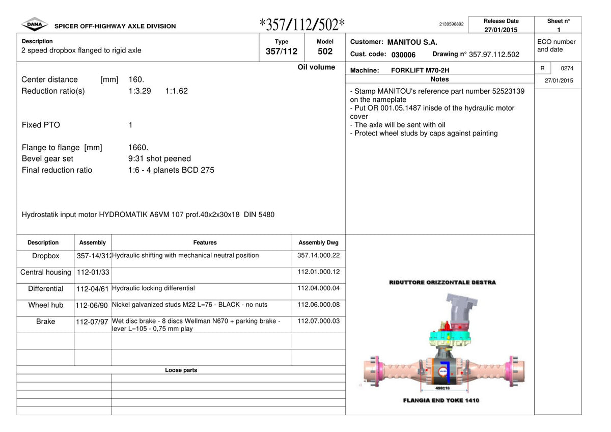 Dana Spicer 357/112/502 Rigid Axle with Drop Box Parts Catalog for Manitou – sample page 1