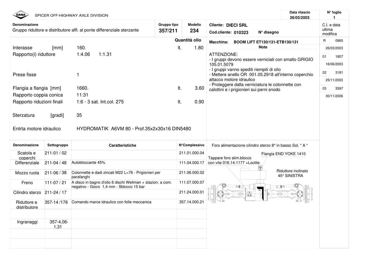 Dana Spicer 357/211/234 Steering Axle with Drop Box Parts Catalog for Dieci ET130/131-ETB130/131 Telehandler – sample page 1