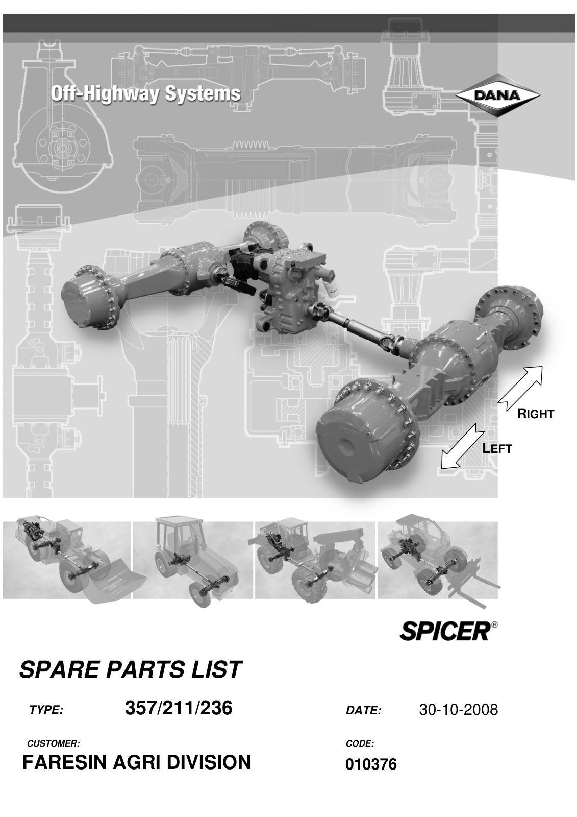 Dana Spicer 357/211/236 Steering Axle with Drop Box Parts Catalog for Faresin TA2500-06 Telehandler – cover