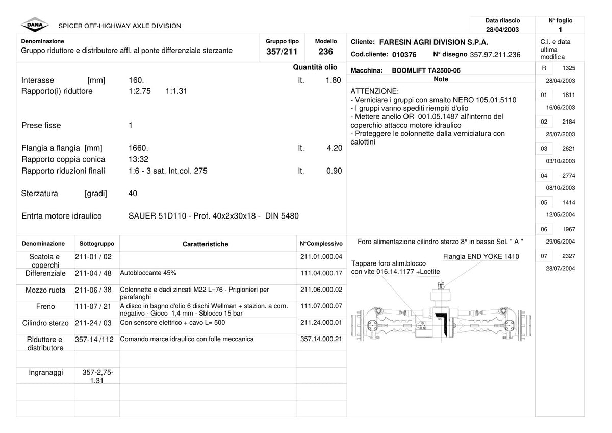 Dana Spicer 357/211/236 Steering Axle with Drop Box Parts Catalog for Faresin TA2500-06 Telehandler – sample page 1