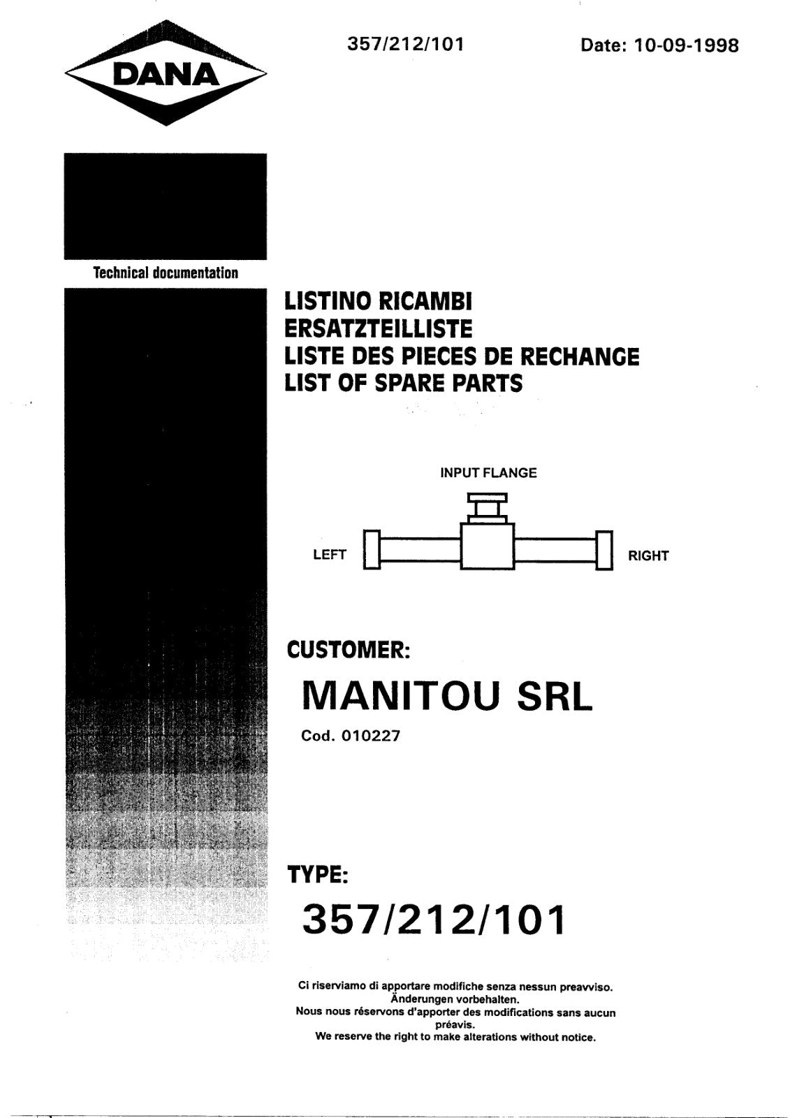 Dana Spicer 357/212/101 Steering Axle with Drop Box Parts Catalog for Manitou MRT 1540 - 1840 Telehandler – cover