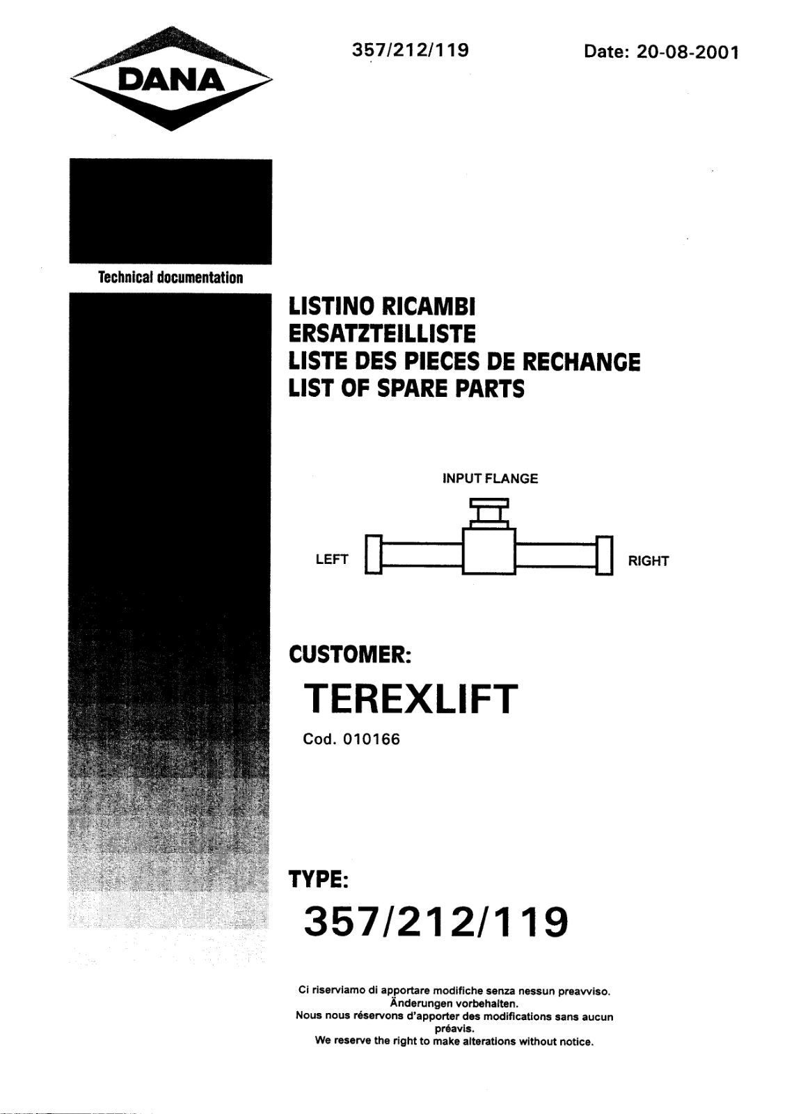 Dana Spicer 357/212/119 Steering Axle with Drop Box Parts Catalog for Terex 3514 Telehandler – cover