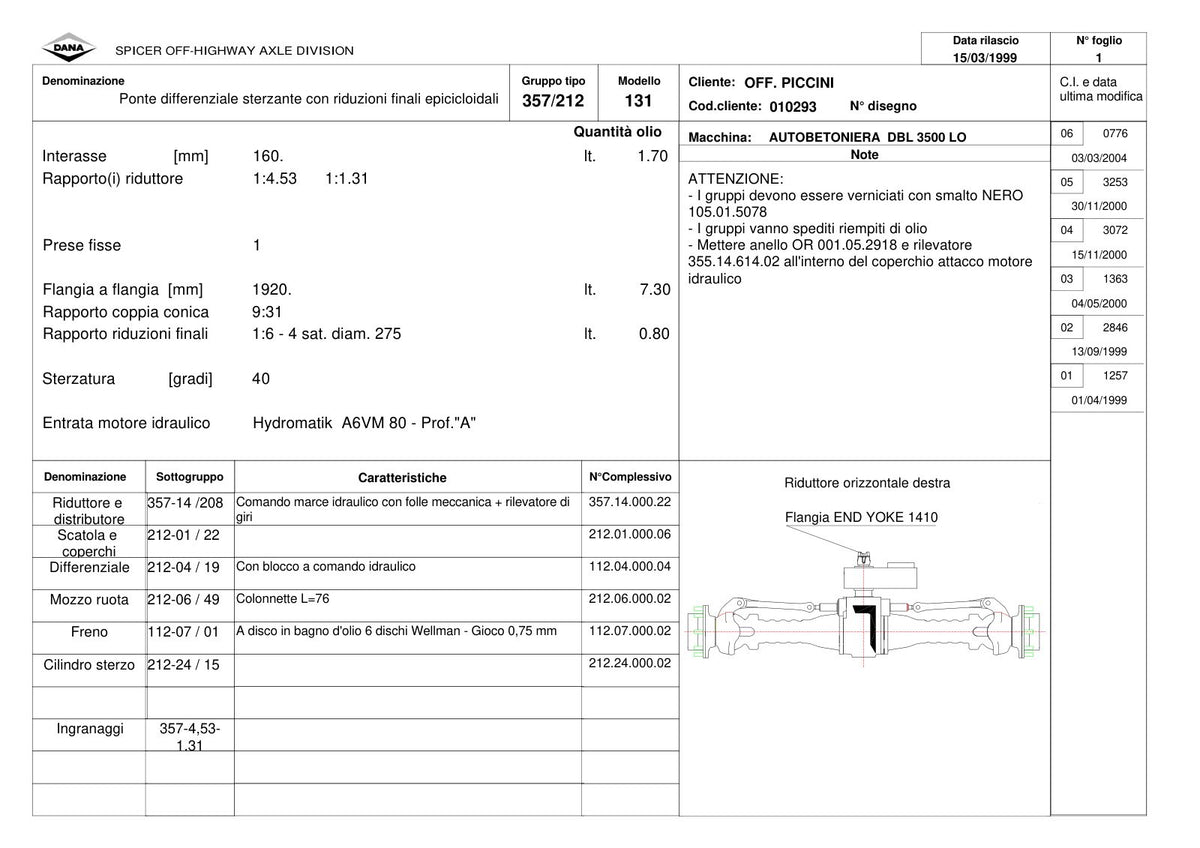 Dana Spicer 357/212/131 Steering Axle with Drop Box Parts Catalog for Piccini DBL 3500 LO Concrete Mixer – sample page 1