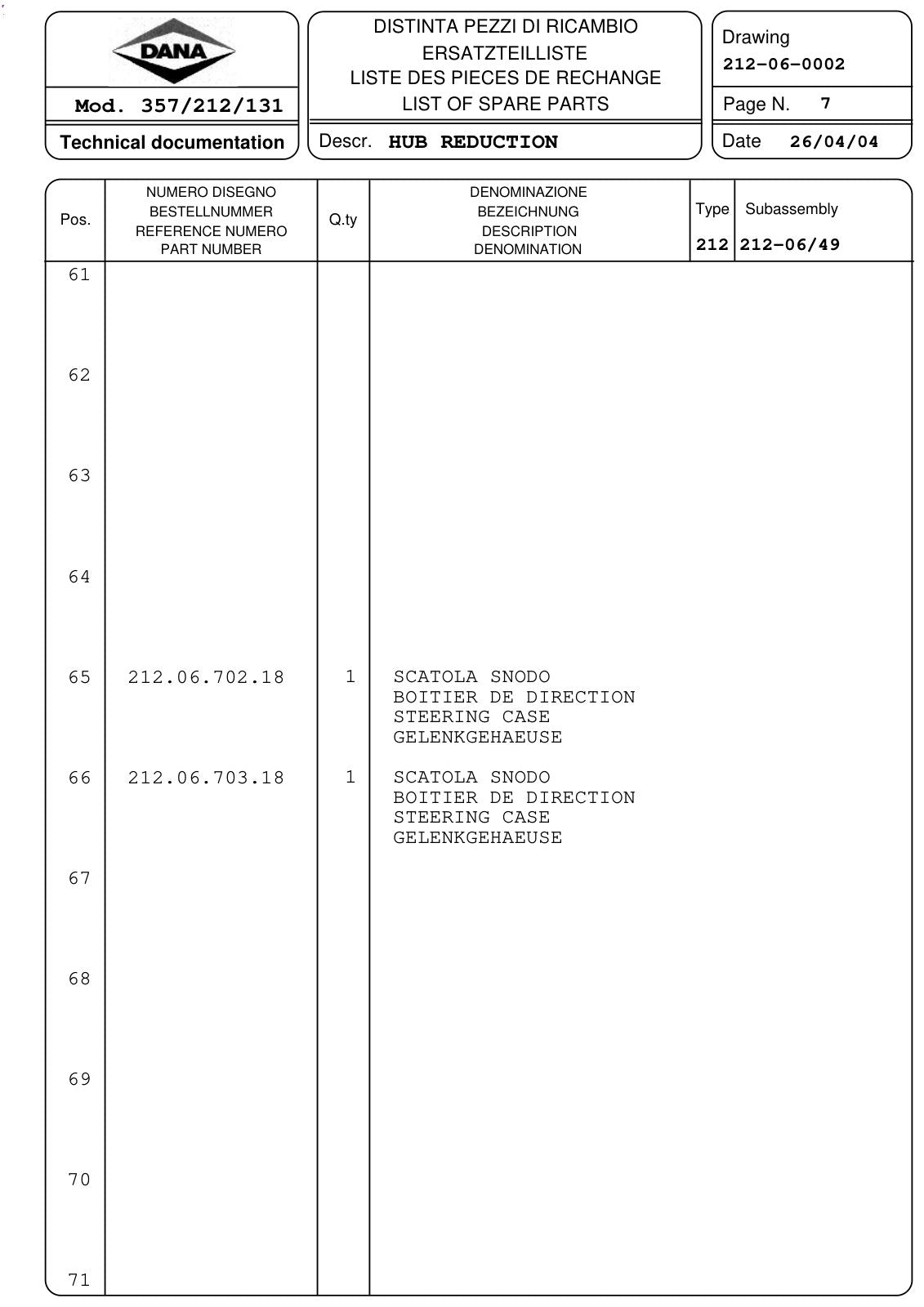 Dana Spicer 357/212/131 Steering Axle with Drop Box Parts Catalog for Piccini DBL 3500 LO Concrete Mixer – sample page 2