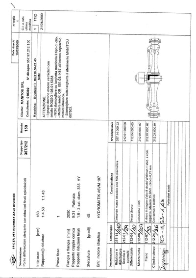 Dana Spicer 357/212/150 Steering Axle with Drop Box Parts Catalog for Manitou MRT18.50-21.45 Telehandler – sample page 1