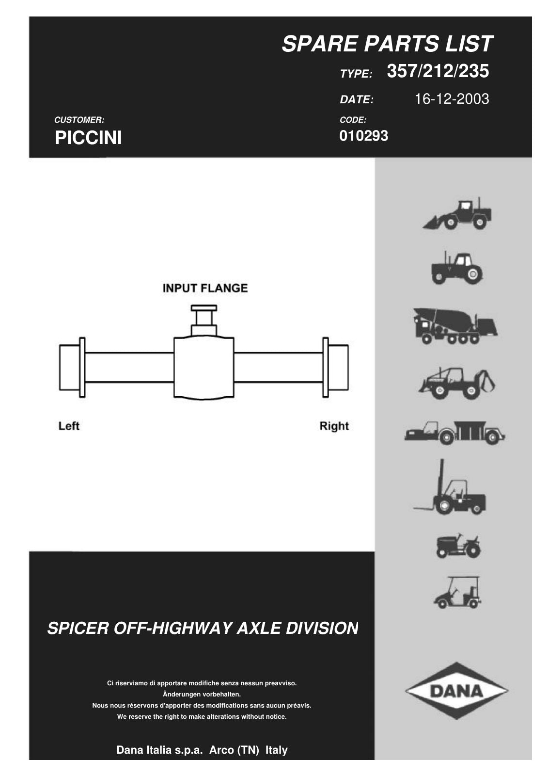 Dana Spicer 357/212/235 Steering Axle with Drop Box Parts Catalog for Piccini SCOUT 5500 Concrete Mixer – cover