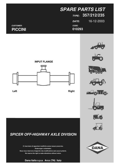 Dana Spicer 357/212/235 Steering Axle with Drop Box Parts Catalog for Piccini SCOUT 5500 Concrete Mixer – cover