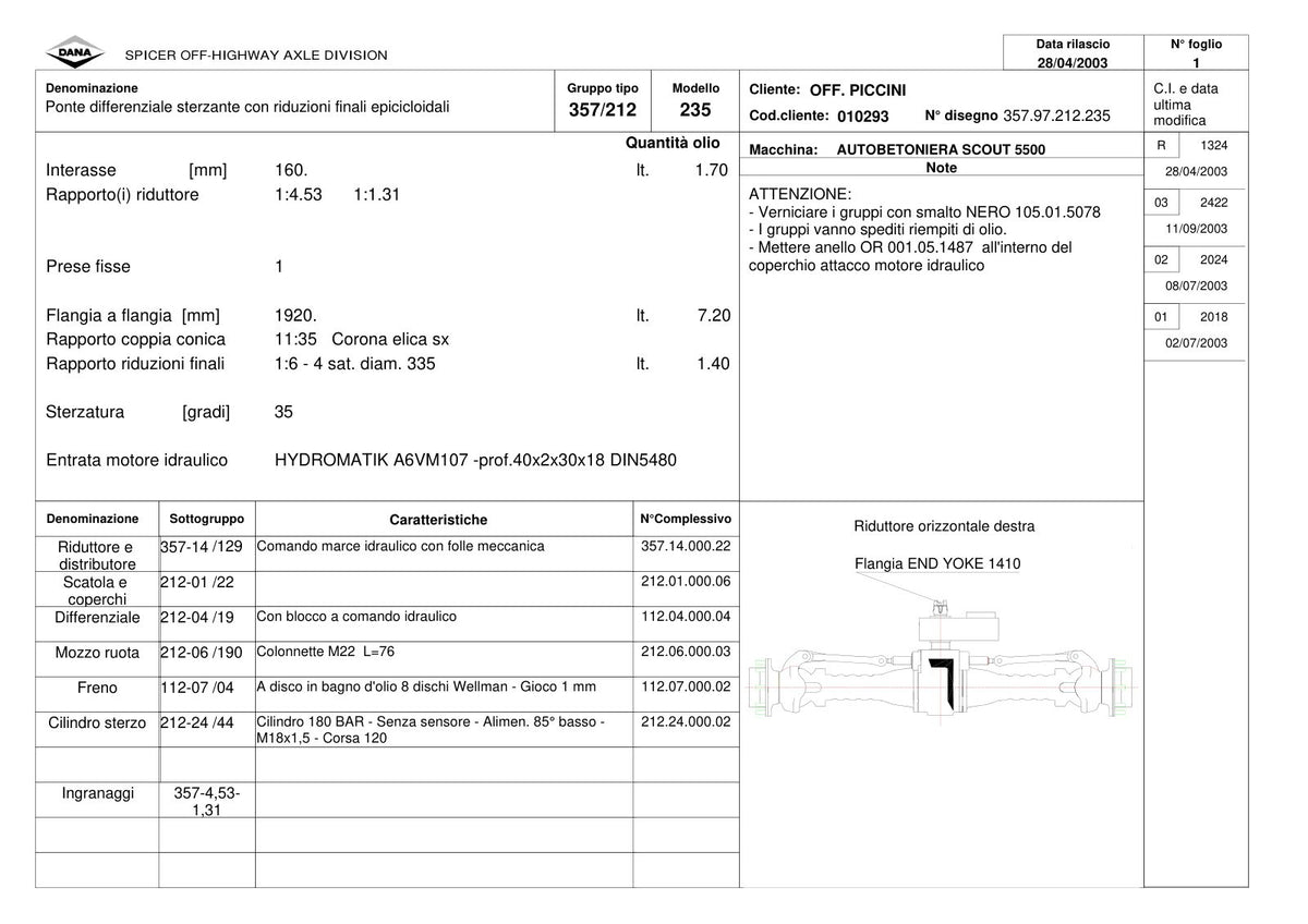 Dana Spicer 357/212/235 Steering Axle with Drop Box Parts Catalog for Piccini SCOUT 5500 Concrete Mixer – sample page 1
