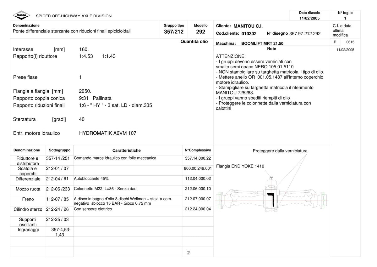 Dana Spicer 357/212/292 Steering Axle with Drop Box Parts Catalog for Manitou MRT 21.50 Telehandler (Manitou 725283) – sample page 1