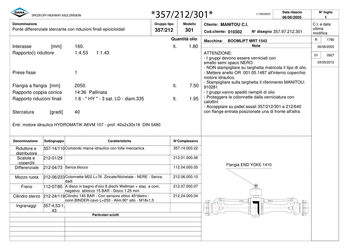 Dana Spicer 357/212/301 Steering Axle with Drop Box Parts Catalog for Manitou MRT 1542 Telehandler – sample page 1