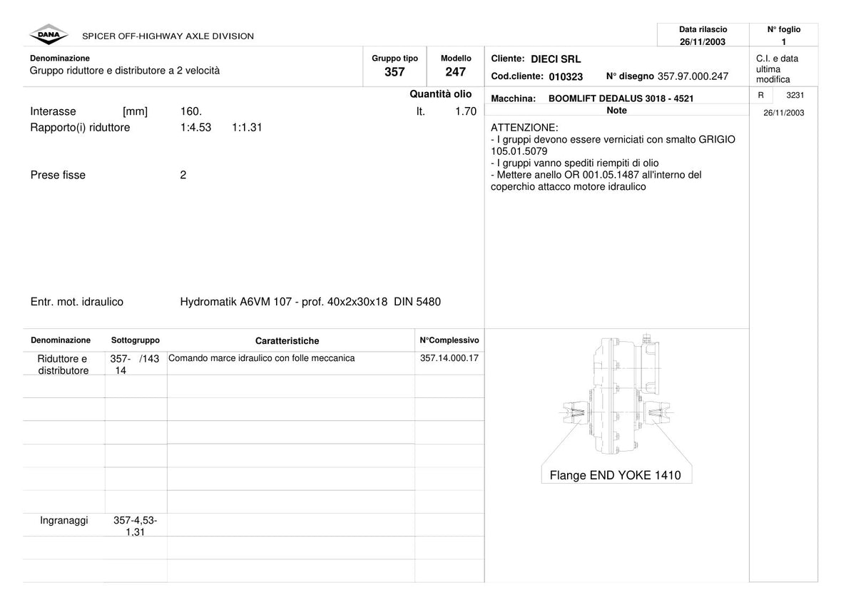 Dana Spicer 357/247 Drop Box Parts Catalog for Dieci DEDALUS 3018 - 4521 Telehandler – sample page 1