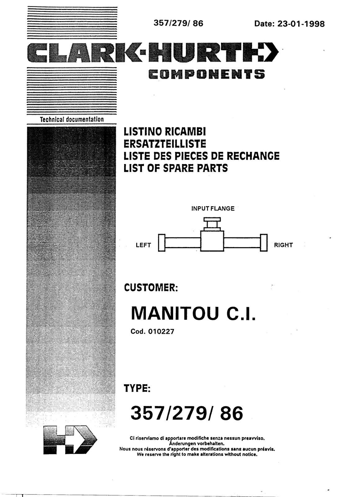 Dana Spicer 357/279/086 Steering Axle with Drop Box Parts Catalog for Manitou 730 -727 Telehandler – cover