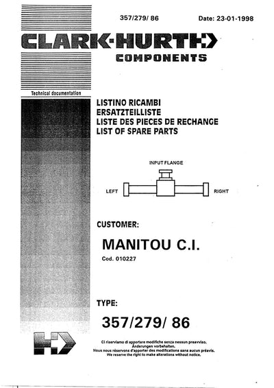 Dana Spicer 357/279/086 Steering Axle with Drop Box Parts Catalog for Manitou 730 -727 Telehandler – cover