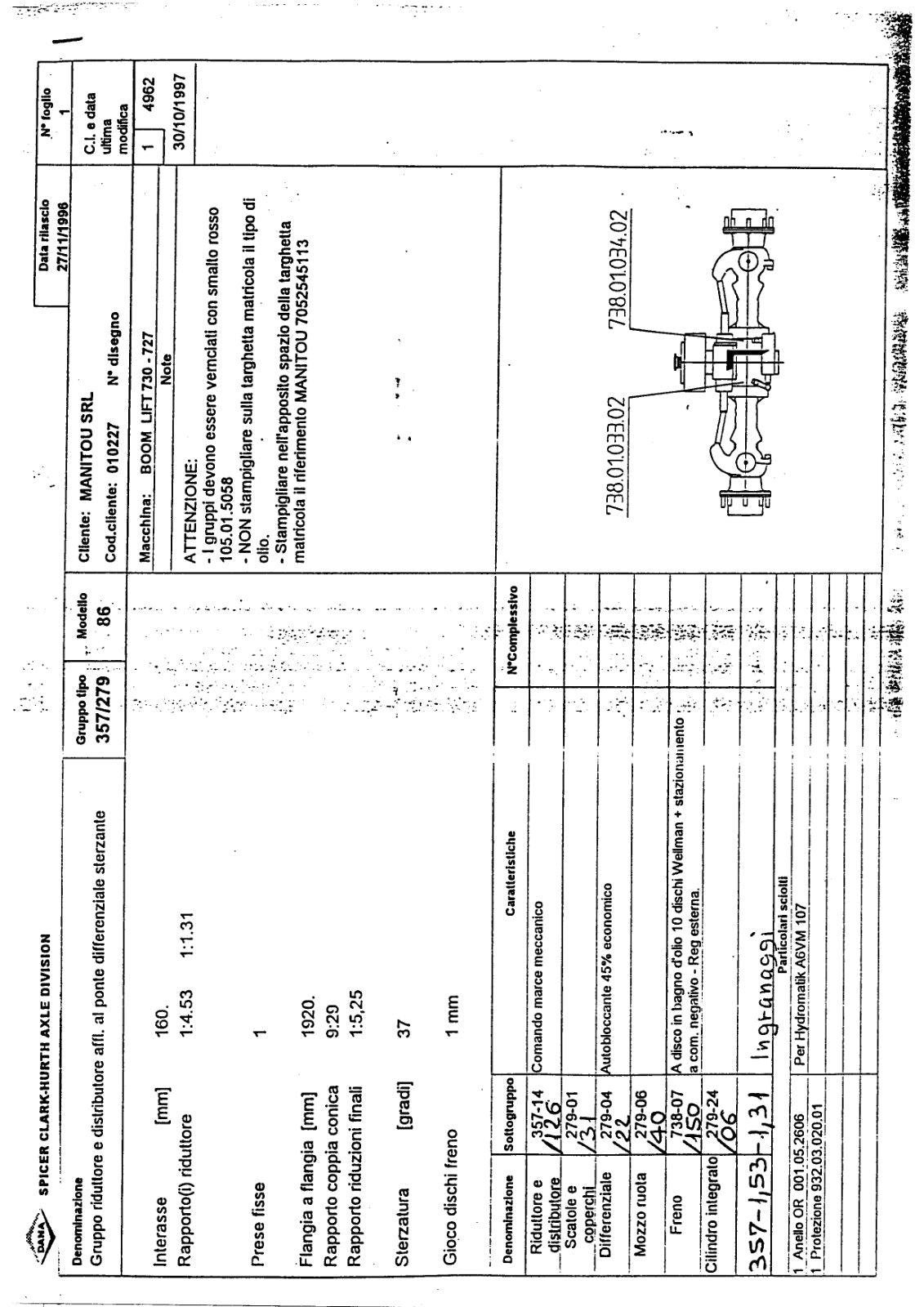 Dana Spicer 357/279/086 Steering Axle with Drop Box Parts Catalog for Manitou 730 -727 Telehandler – sample page 1