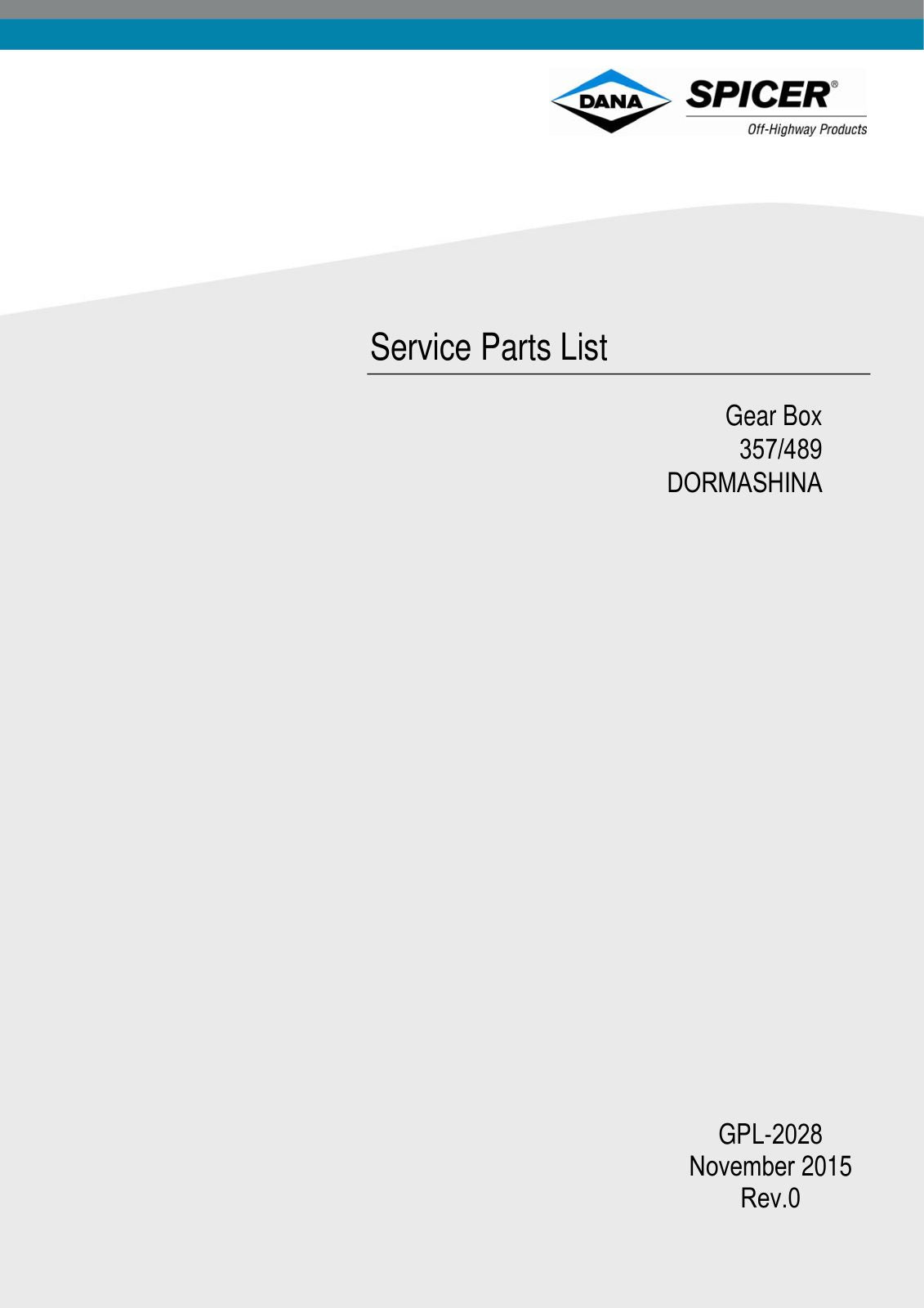 Dana Spicer 357/489 Drop Box Parts Catalog for Dormash DM30 Wheel Loader – cover