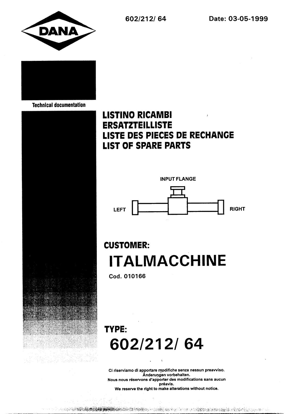 Dana Spicer 602/212/064 Steering Axle with Drop Box Parts Catalog for Italmacchine 327 Telehandler – cover