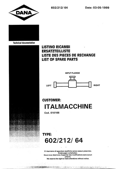 Dana Spicer 602/212/064 Steering Axle with Drop Box Parts Catalog for Italmacchine 327 Telehandler – cover