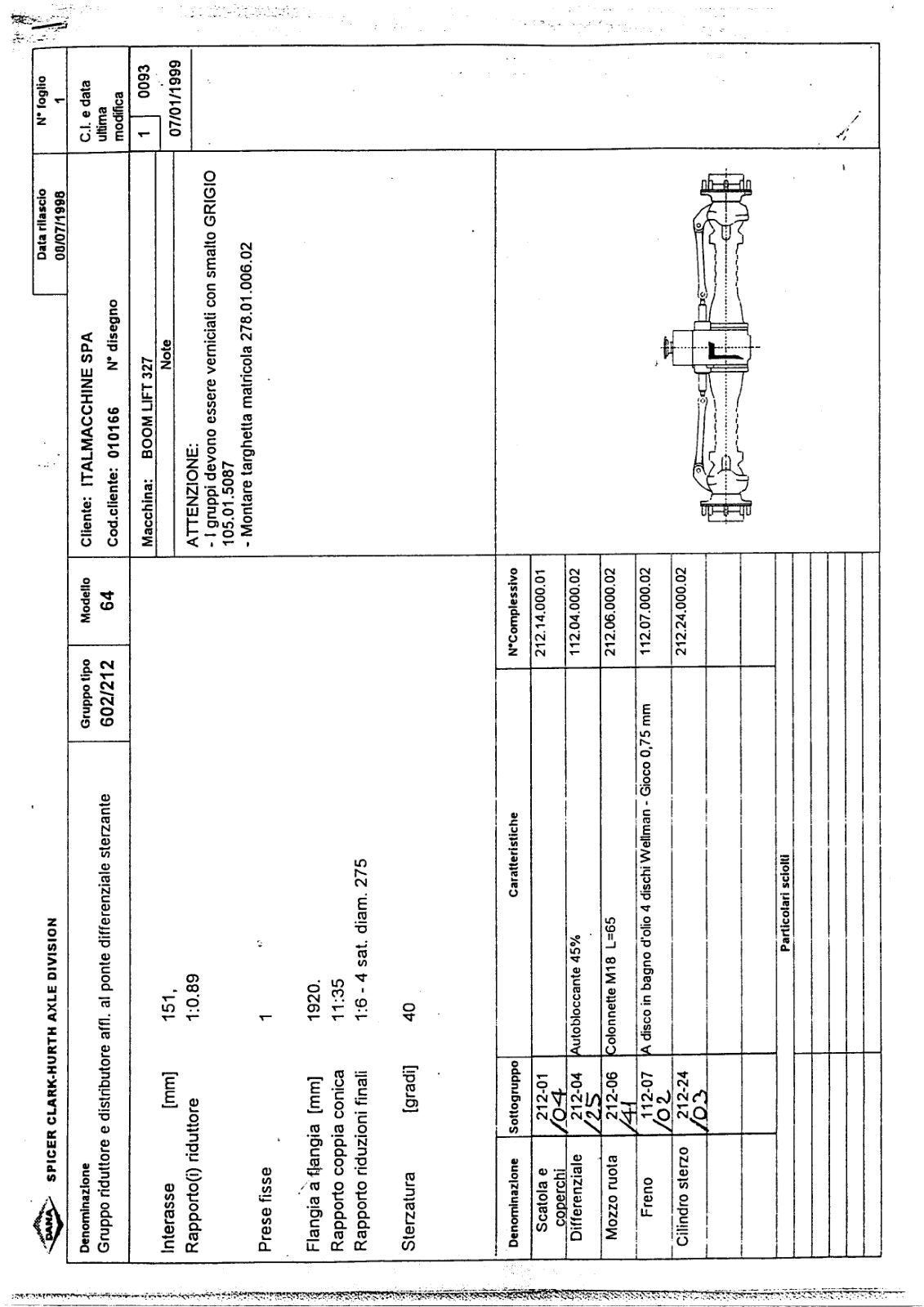 Dana Spicer 602/212/064 Steering Axle with Drop Box Parts Catalog for Italmacchine 327 Telehandler – sample page 1