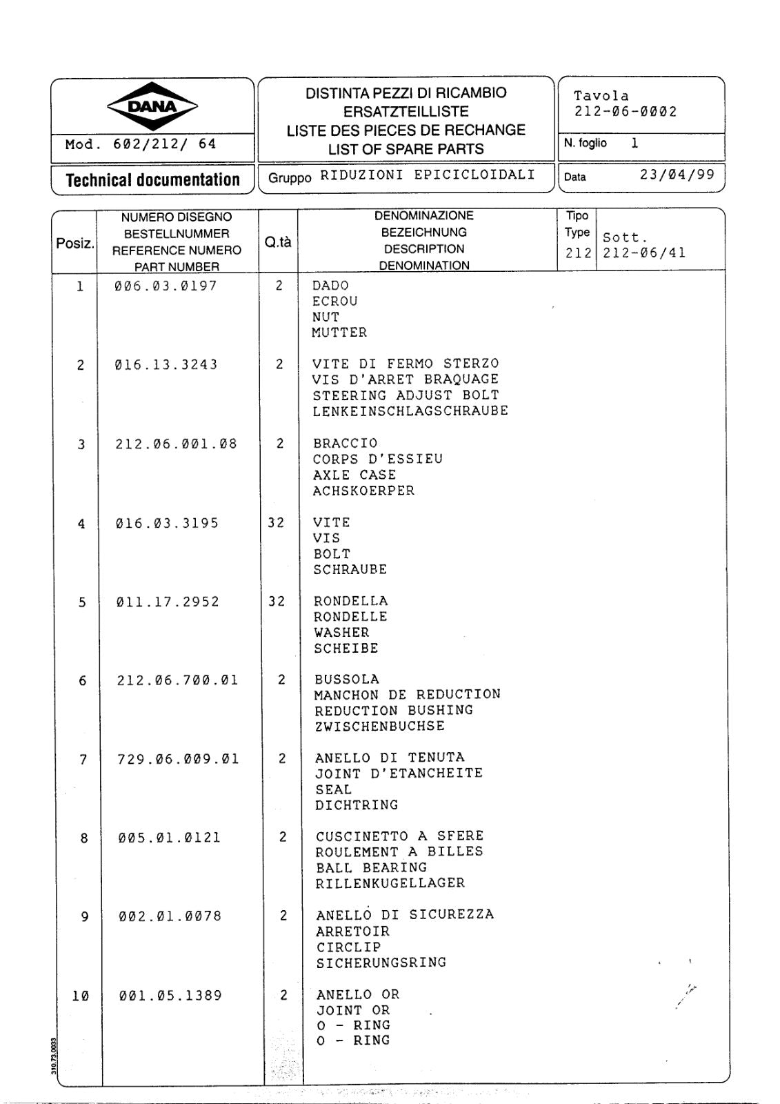 Dana Spicer 602/212/064 Steering Axle with Drop Box Parts Catalog for Italmacchine 327 Telehandler – sample page 2