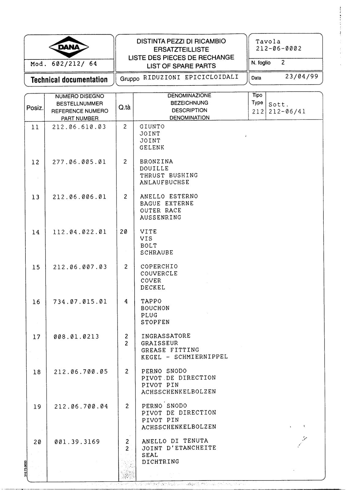 Dana Spicer 602/212/064 Steering Axle with Drop Box Parts Catalog for Italmacchine 327 Telehandler – sample page 3