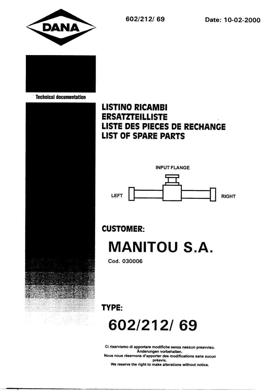 Dana Spicer 602/212/069 Steering Axle with Drop Box Parts Catalog for Manitou P 0170PS Telehandler – cover