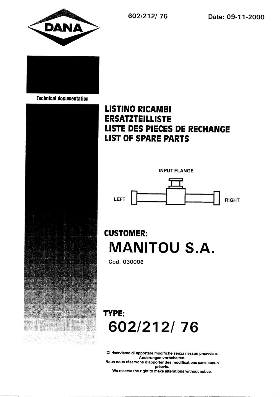 Dana Spicer 602/212/076 Steering Axle with Drop Box Parts Catalog for Manitou P 0170 Telehandler – cover