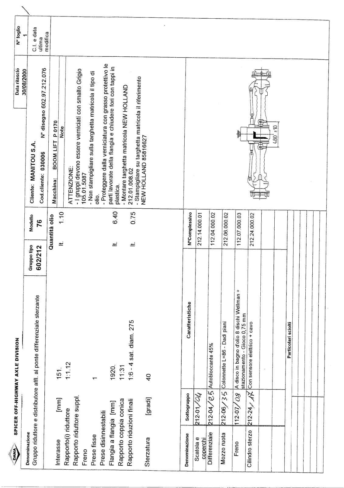 Dana Spicer 602/212/076 Steering Axle with Drop Box Parts Catalog for Manitou P 0170 Telehandler – sample page 1