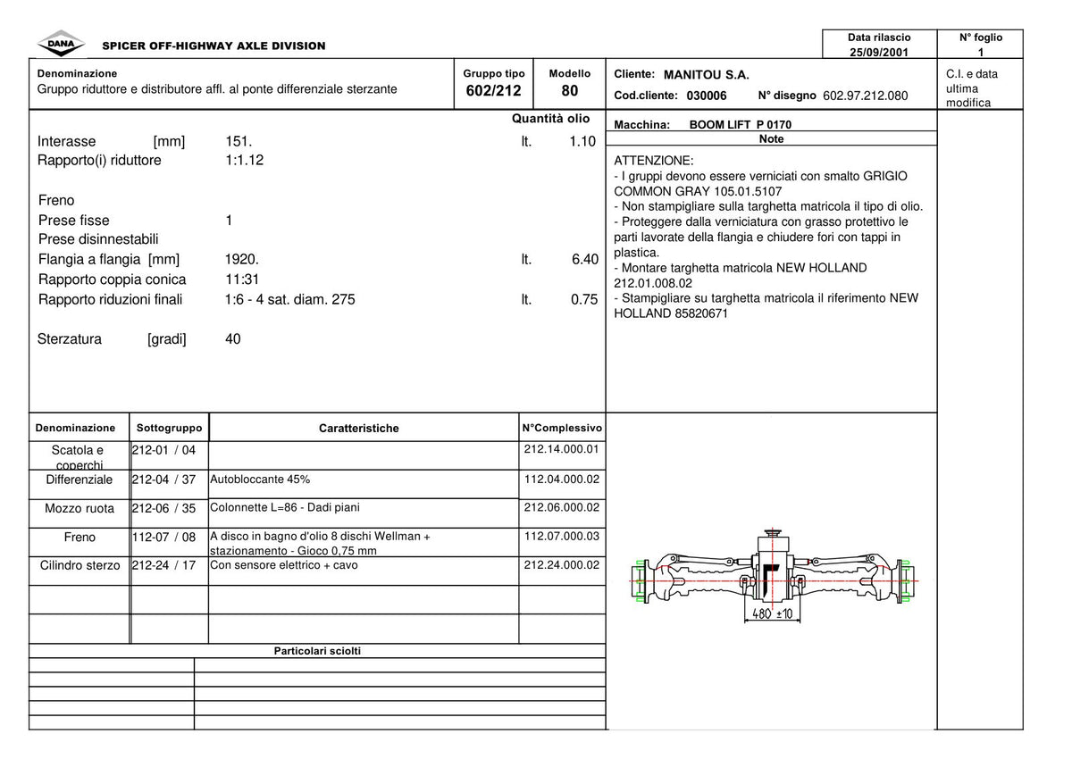 Dana Spicer 602/212/080 Steering Axle with Drop Box Parts Catalog for Manitou P 0170 Telehandler – sample page 1
