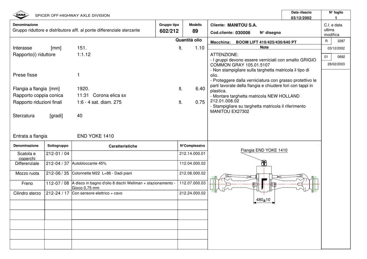 Dana Spicer 602/212/089 Steering Axle with Drop Box Parts Catalog for Manitou 410/425/430/640 PT Telehandler (Manitou EX27302) – sample page 1