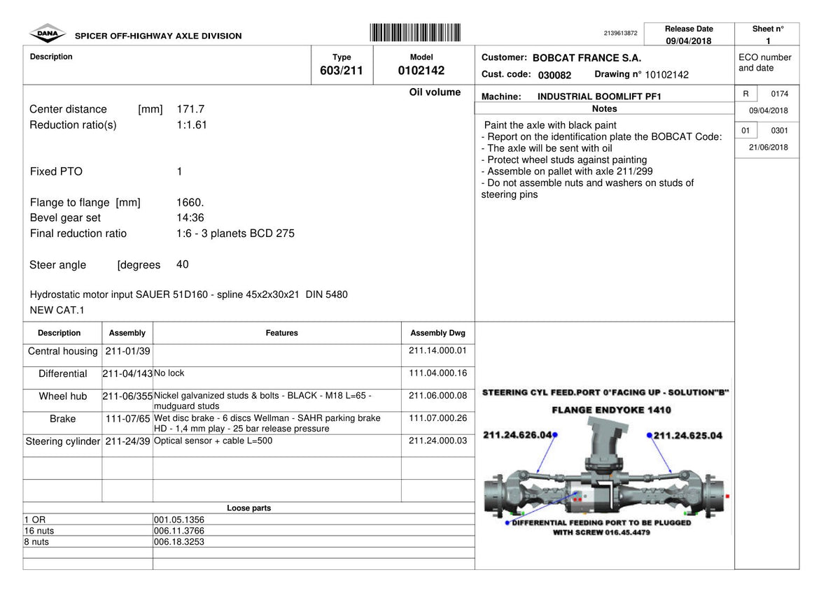 Dana Spicer 603/211/0102142 Steering Axle with Drop Box Parts Catalog for Bobcat – sample page 1