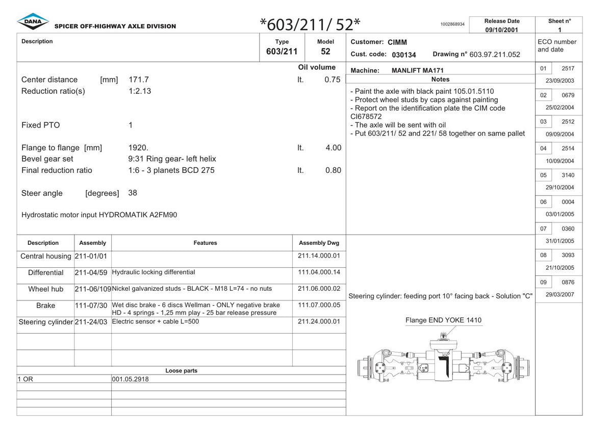 Dana Spicer 603/211/052 Steering Axle with Drop Box Parts Catalog for CIMM – sample page 1