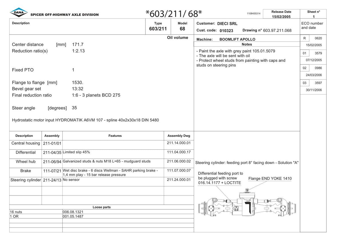 Dana Spicer 603/211/068 Steering Axle with Drop Box Parts Catalog for Dieci Telehandler – sample page 1