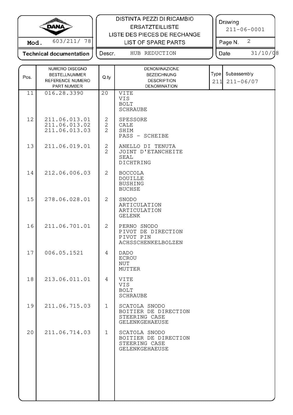 Dana Spicer 603/211/078 Steering Axle with Drop Box Parts Catalog for Faresin Telehandler – sample page 2