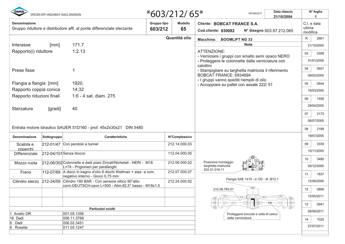 Dana Spicer 603/212/065 Steering Axle with Drop Box Parts Catalog for Bobcat NG 33 Telehandler – sample page 1