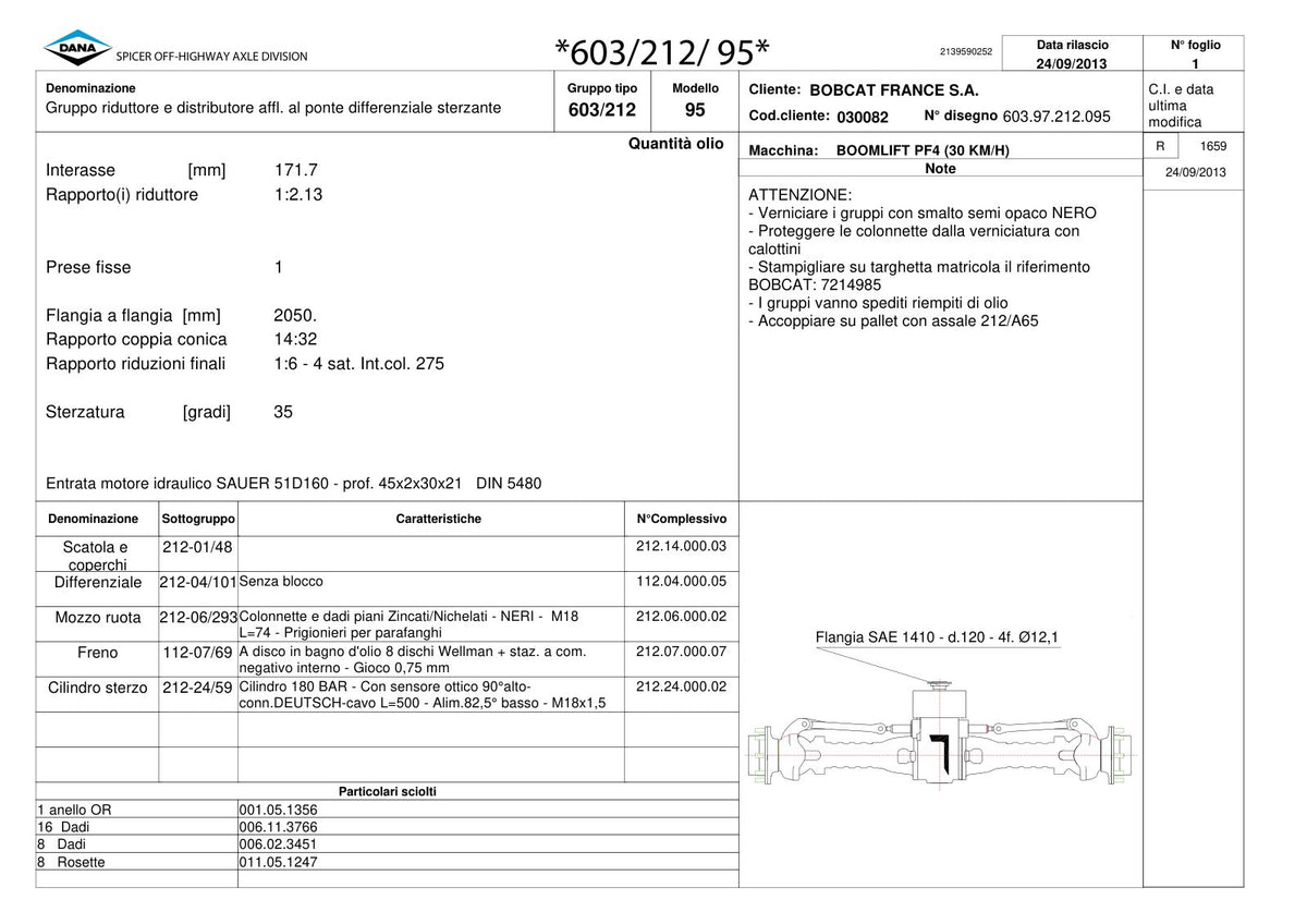 Dana Spicer 603/212/095 Steering Axle with Drop Box Parts Catalog for Bobcat PF4 (30 KM/H) Telehandler – sample page 1