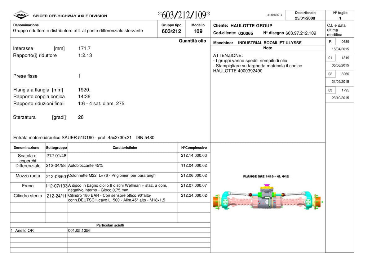 Dana Spicer 603/212/109 Steering Axle with Drop Box Parts Catalog for Haulotte Telehandler (Haulotte 4000392490) – sample page 1
