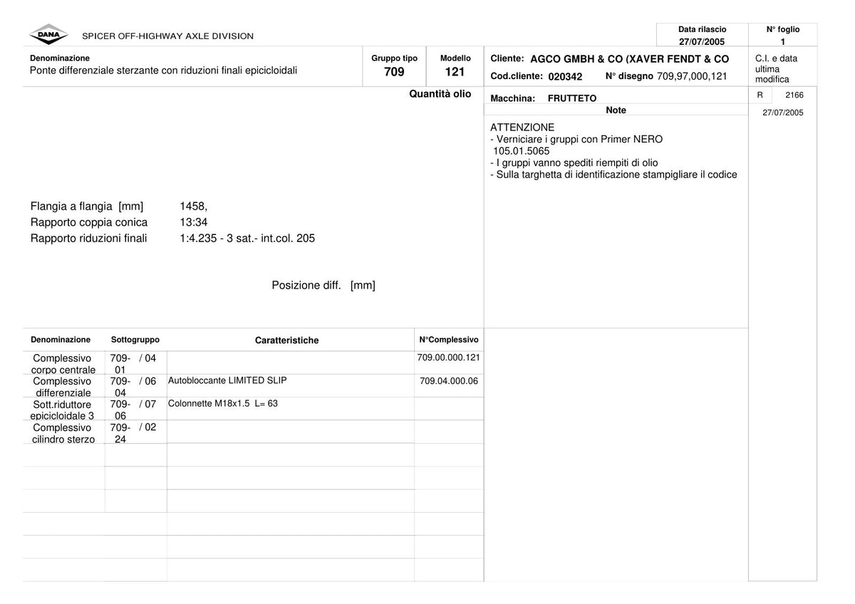 Dana Spicer 709/121 Front Axle Parts Catalog for Fendt Orchard Tractor – sample page 1