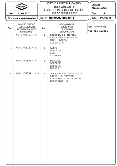 Dana Spicer 720/520 Front Axle Parts Catalog for Massey Ferguson Tractor – sample page 1